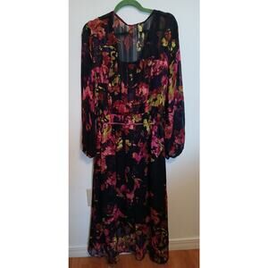 Ava & Viv Black Floral Layered Maxi Dress 2X Elastic Waist Sheer Long Sleeves 20